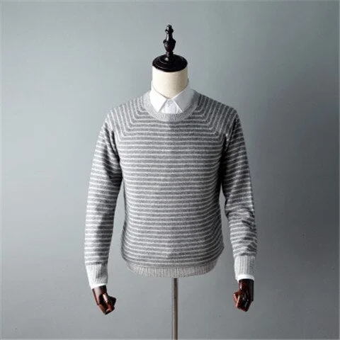 100%cashmere Oneck knit men fashion striped H-straight pullover sweater 3color S-2XL