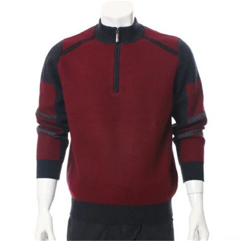 100%goat cashmere thick knit men fashion contrast color zipper half-high collar pullover sweater H-straight red 2color S/2XL