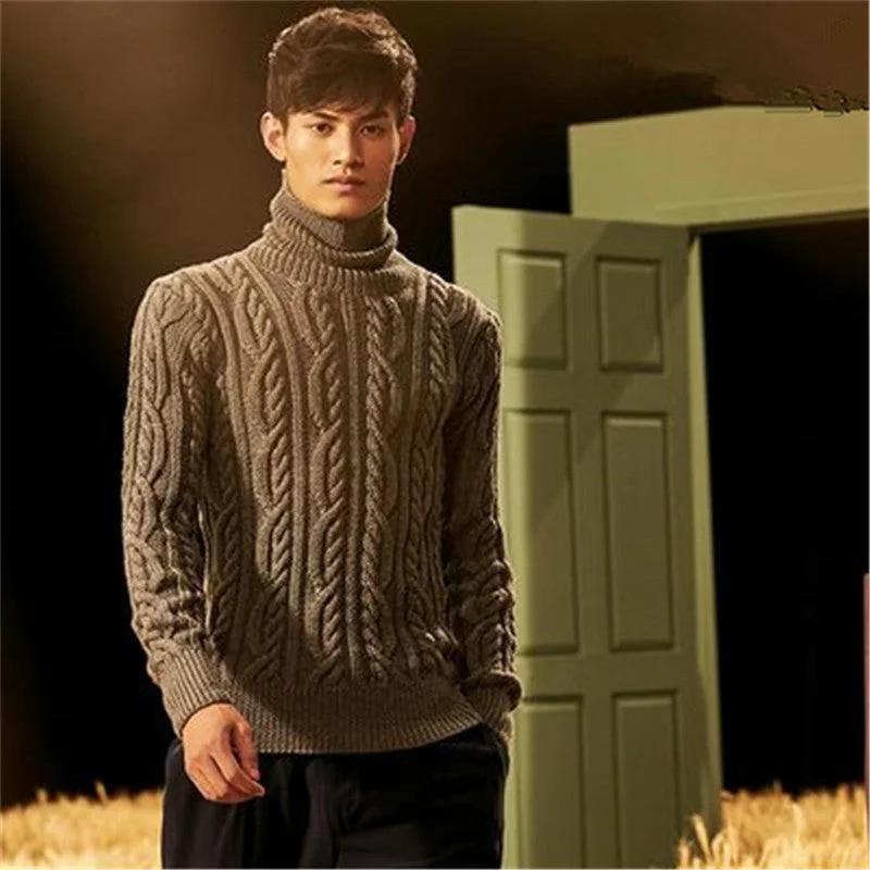 100% hand made pure wool turtleneck knit men fashion solid loose twisted pullover sweater one&over size