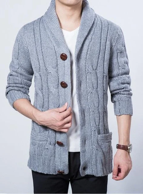 Korean Fashion Wooden Button Winter Male Cardigan Sweater Men Shawl Collar Knit Coat Grey Navy