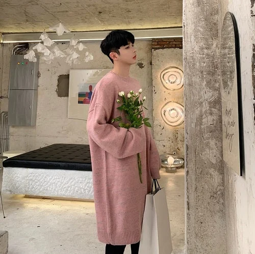 Men Fashion Hip Hop Chic Knitted Thick Pink Dress Sweater Autumn Winter Male Streetwear Loose Casual Pullovers Long Sweater