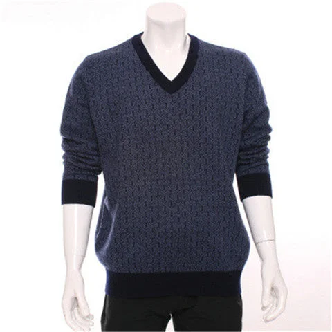 new arrival 100%goat cashmere v-neck knit men fashion dark argyle thick pullover sweater H-straight blue 2color S/2XL