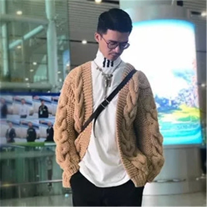 new arrival 100% hand made pure wool twist knit men fashion Vneck solid loose cardigan sweater customized