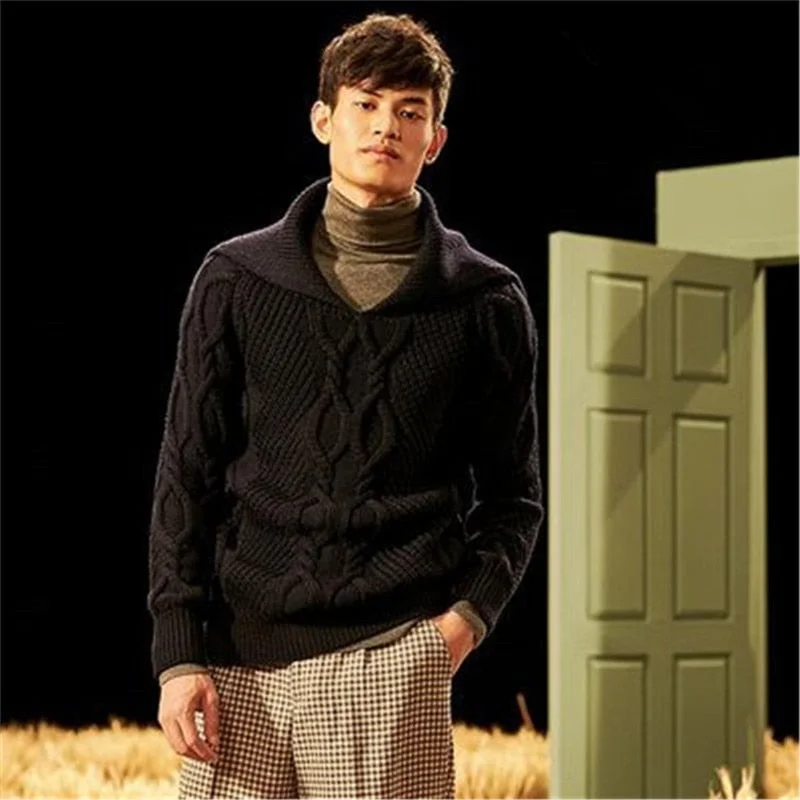 new fashion 100% hand made pure wool big turn-down collar knit men solid thick pullover sweater one&over size