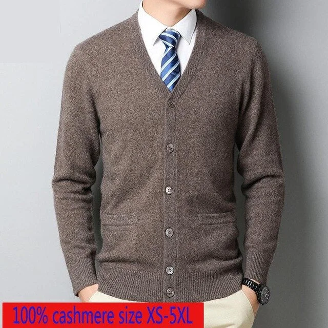 New High Quality Autumn Winter 100% Pure Cashmere Cardigan Thickened Men Casual Computer Knitted V-neck Sweater Plus Size XS-6XL