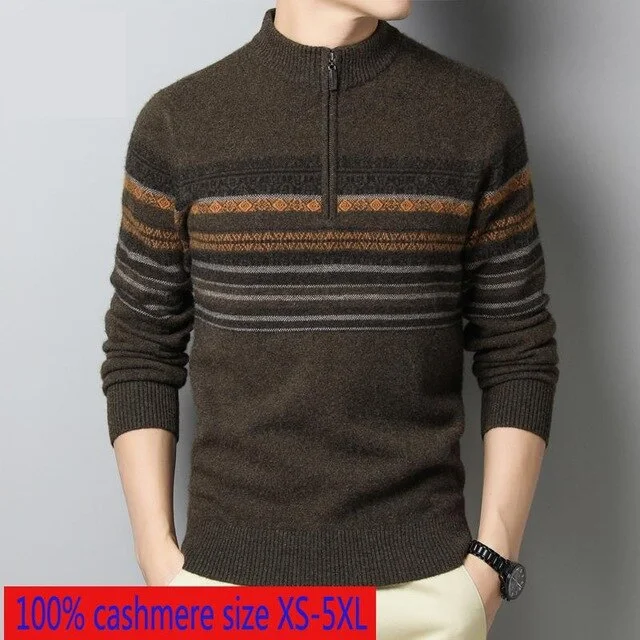 New High Quality Winter 100% Cashmere Zipper Half High Collar Men Thickened Computer Knitted Striped Sweater Plus Size XS-4XL5XL