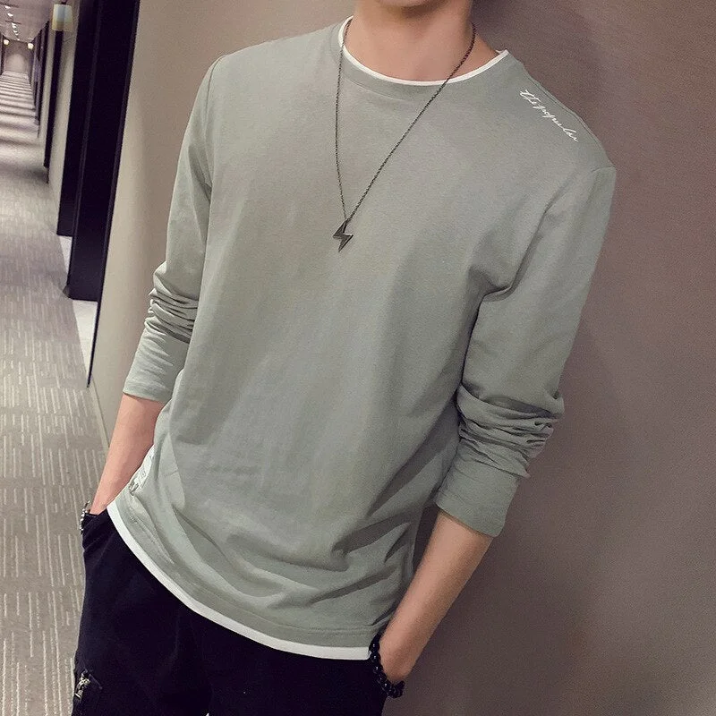 New men's solid color long-sleeved t-shirt cotton spring and autumn suits pullover shirt round neck simple sweater 9981