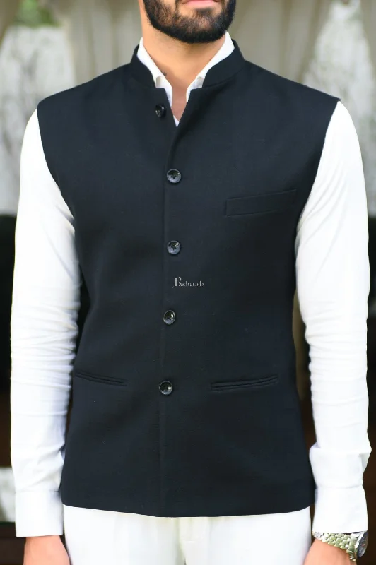 Pashtush Mens Waistcoat, Fine Wool, Solid Black