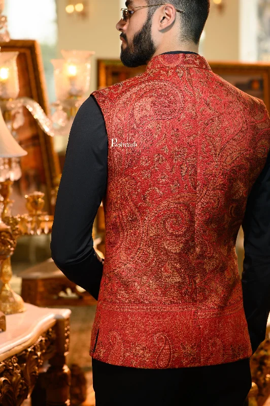 Pashtush Mens Woven Jacquard Structured Waistcoat, Slim Fit, Maroon