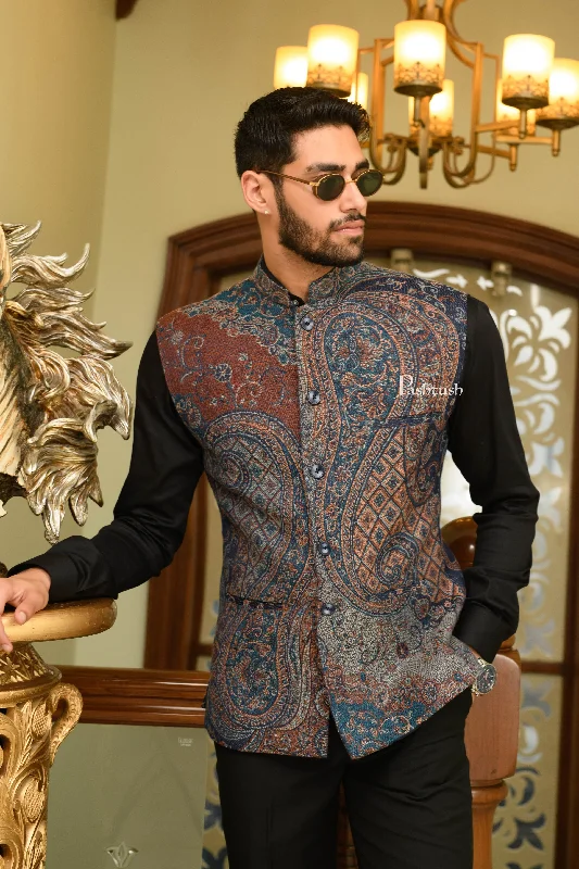 Pashtush Mens Woven Jacquard Structured Waistcoat, Slim Fit, Navy Blue