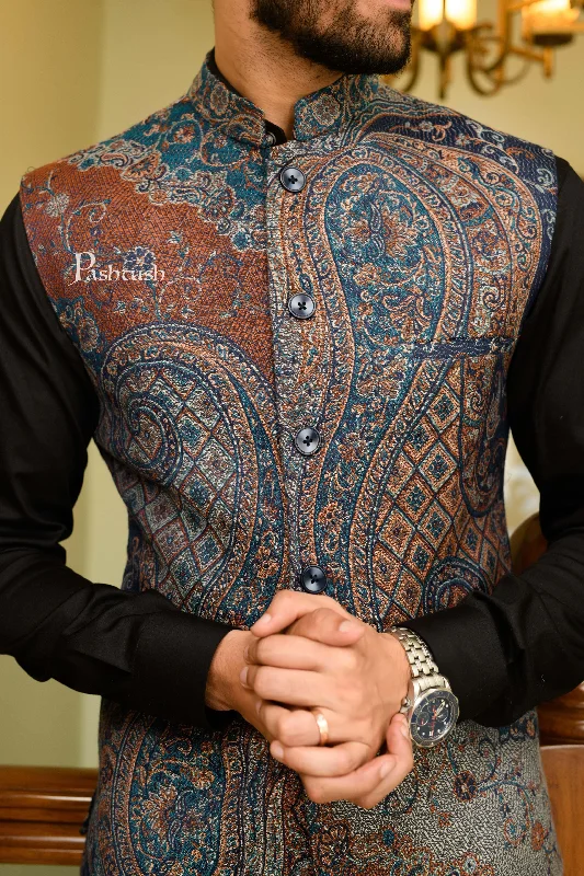 Pashtush Mens Woven Jacquard Structured Waistcoat, Slim Fit, Navy Blue