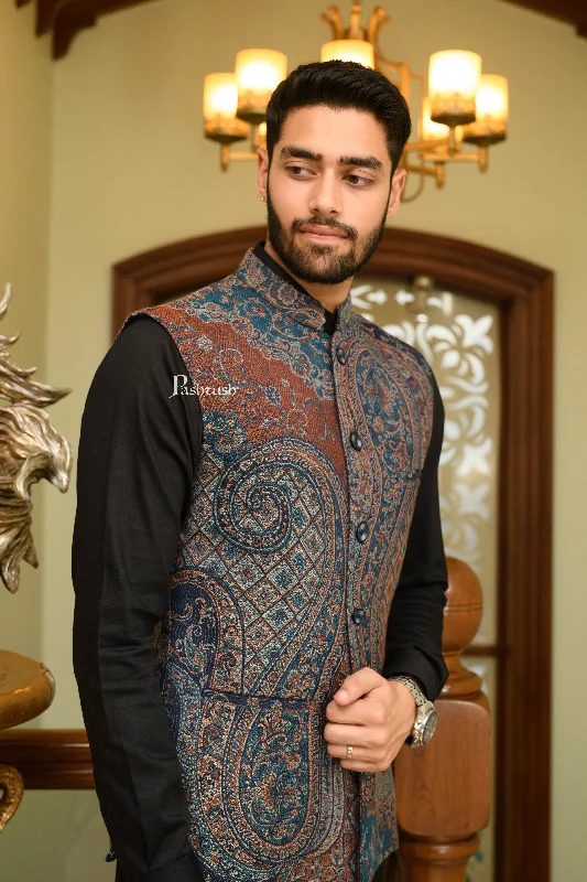 Pashtush Mens Woven Jacquard Structured Waistcoat, Slim Fit, Navy Blue