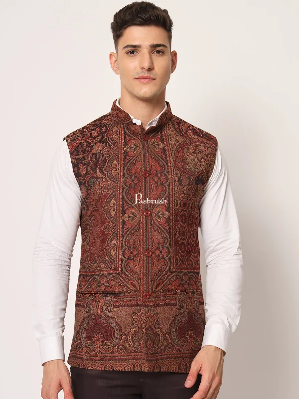 PASHTUSH MENS WOVEN JACQUARD WAISTCOAT, Structured SLIM FIT, Black