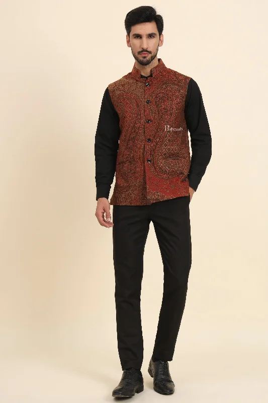 Pashtush Mens Woven Jacquard Waistcoat, Structured Slim Fit, Brown