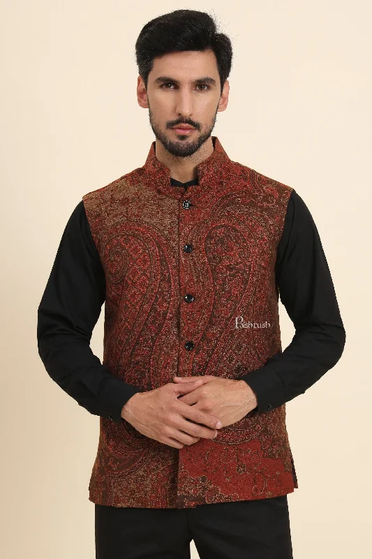 Pashtush Mens Woven Jacquard Waistcoat, Structured Slim Fit, Brown