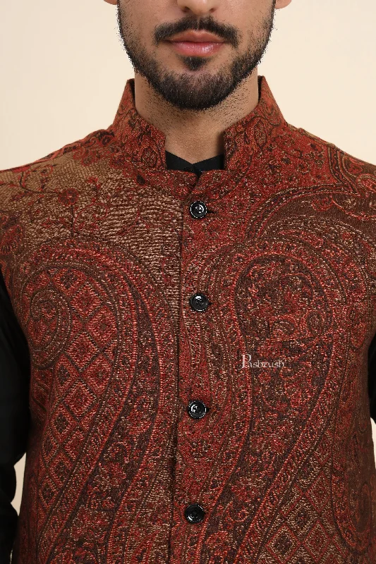 Pashtush Mens Woven Jacquard Waistcoat, Structured Slim Fit, Brown