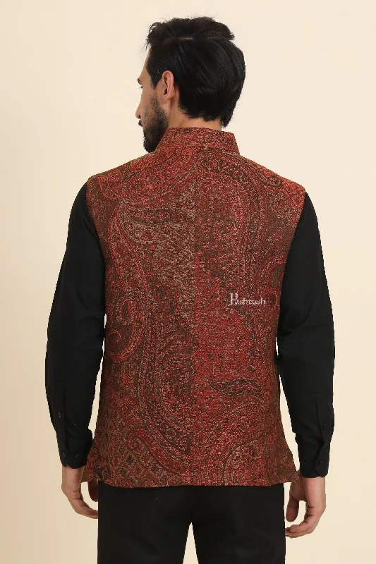 Pashtush Mens Woven Jacquard Waistcoat, Structured Slim Fit, Brown