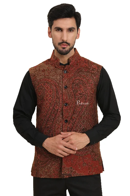 Pashtush Mens Woven Jacquard Waistcoat, Structured Slim Fit, Brown