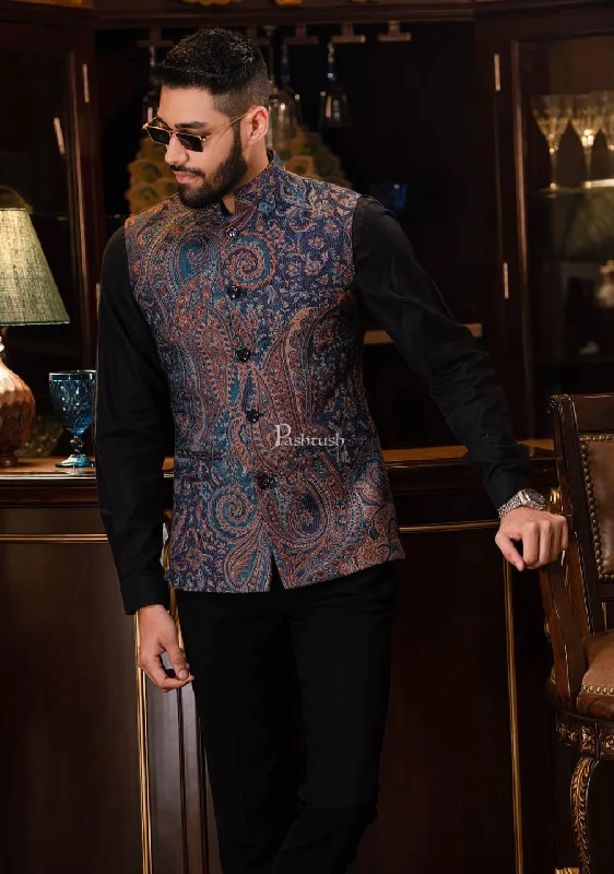 PASHTUSH MENS WOVEN JACQUARD WAISTCOAT, Structured SLIM FIT, Navy Blue