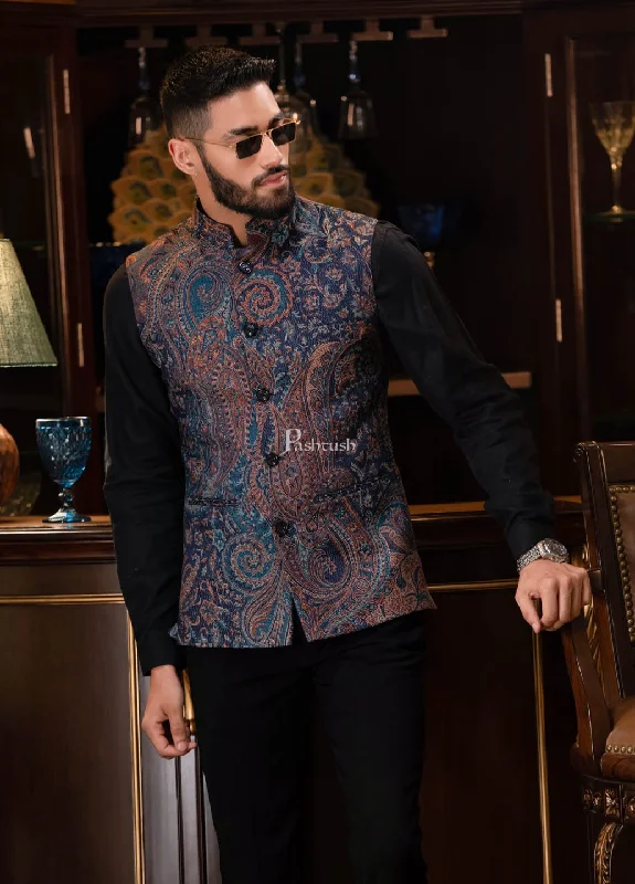 PASHTUSH MENS WOVEN JACQUARD WAISTCOAT, Structured SLIM FIT, Navy Blue