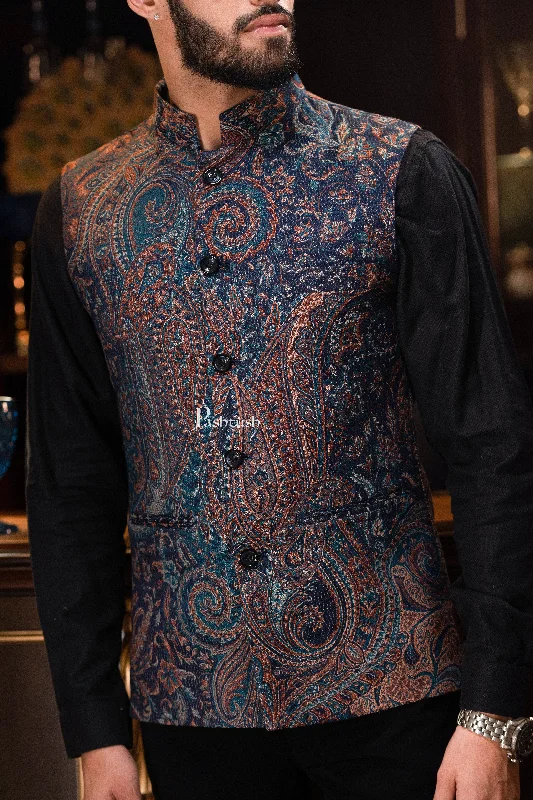 PASHTUSH MENS WOVEN JACQUARD WAISTCOAT, Structured SLIM FIT, Navy Blue