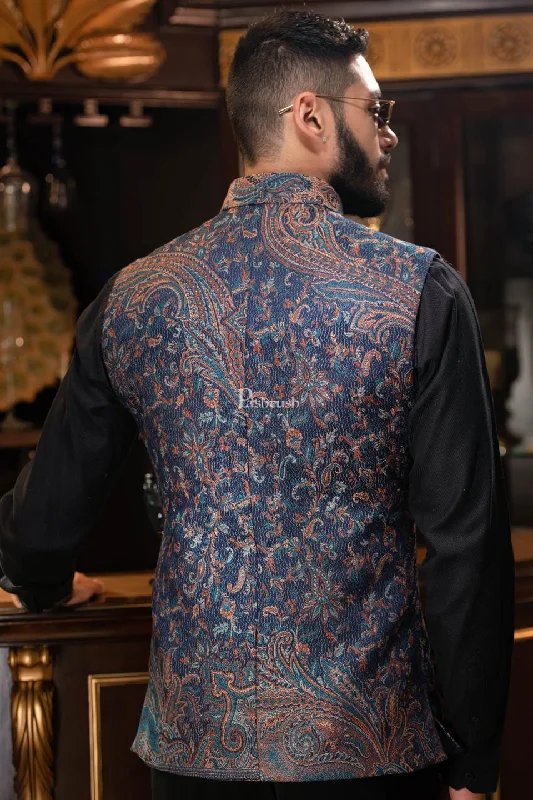 PASHTUSH MENS WOVEN JACQUARD WAISTCOAT, Structured SLIM FIT, Navy Blue