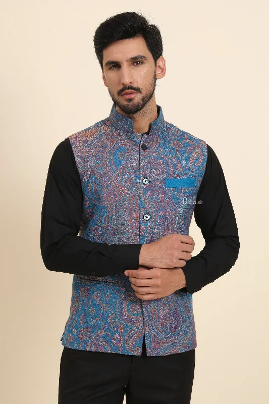 Pashtush Mens Woven Jacquard Waistcoat, Structured Slim Fit, Sapphire Blue