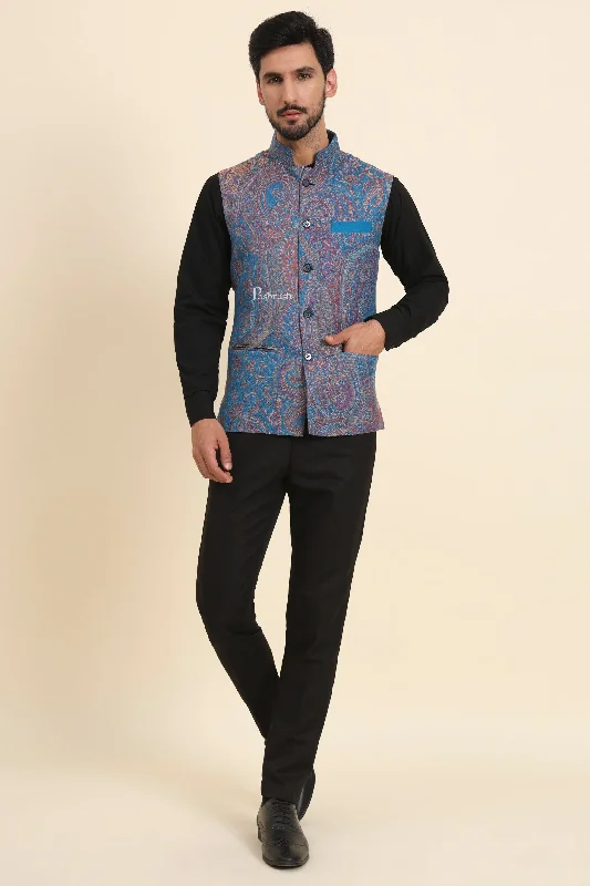 Pashtush Mens Woven Jacquard Waistcoat, Structured Slim Fit, Sapphire Blue