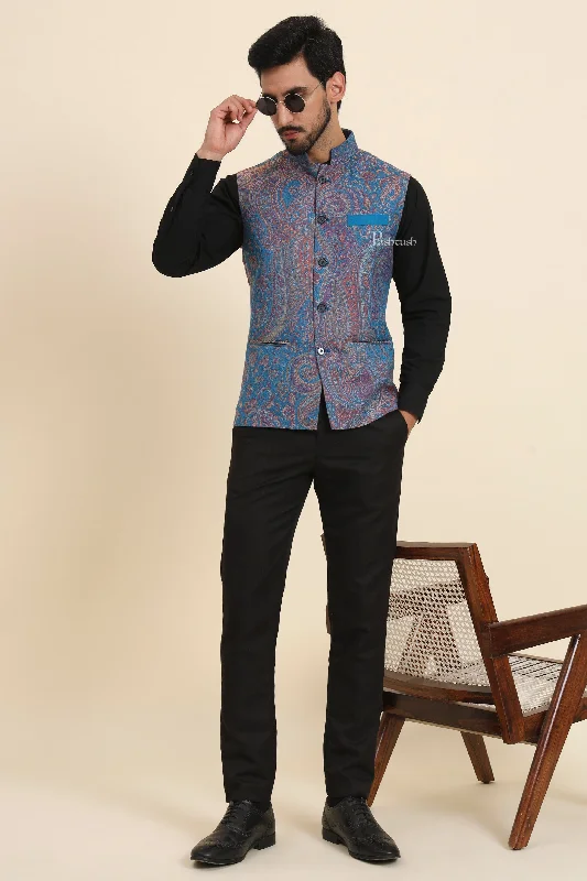 Pashtush Mens Woven Jacquard Waistcoat, Structured Slim Fit, Sapphire Blue