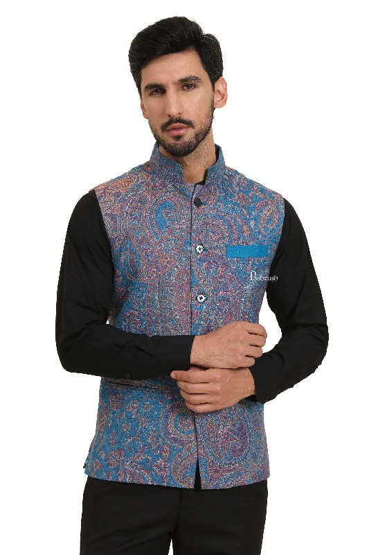 Pashtush Mens Woven Jacquard Waistcoat, Structured Slim Fit, Sapphire Blue