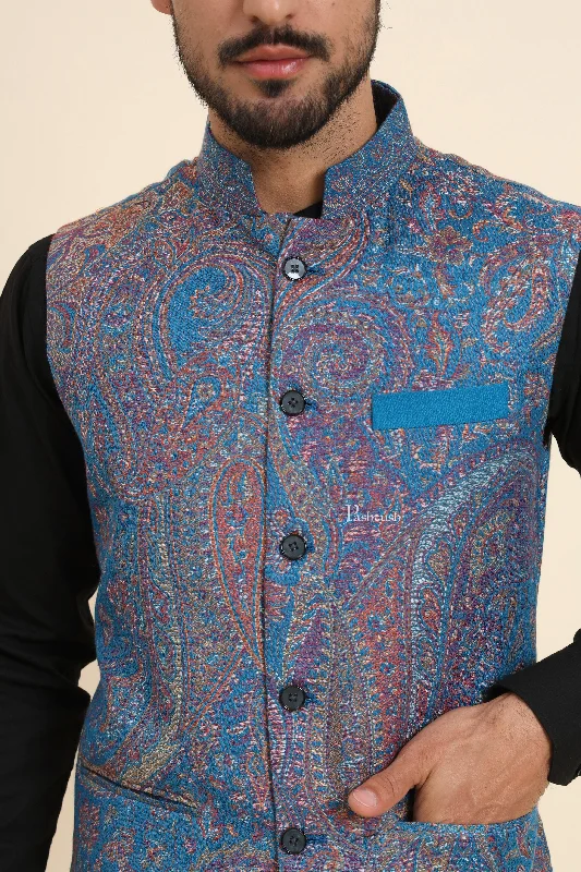 Pashtush Mens Woven Jacquard Waistcoat, Structured Slim Fit, Sapphire Blue