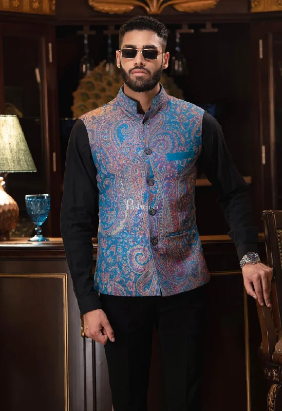 PASHTUSH MENS WOVEN JACQUARD WAISTCOAT, Structured SLIM FIT, Saphire blue