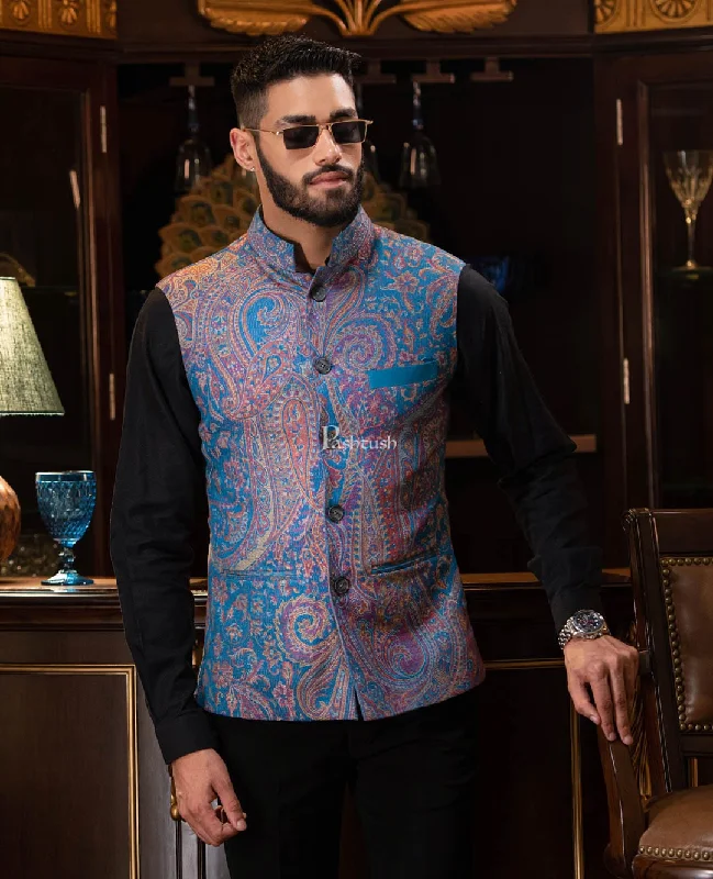 PASHTUSH MENS WOVEN JACQUARD WAISTCOAT, Structured SLIM FIT, Saphire blue