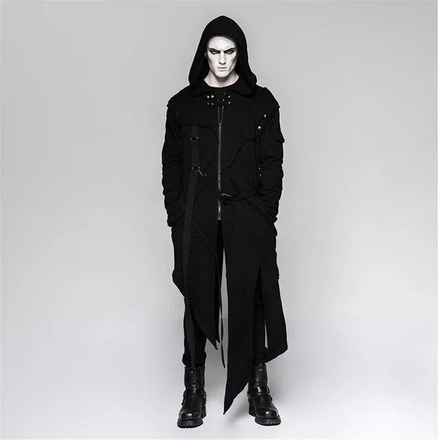 Punk Black Men's Hooded Long Sweater Coats With Stripes Worsted Detachable Cotton Jackets Darkly Casual Overcoat