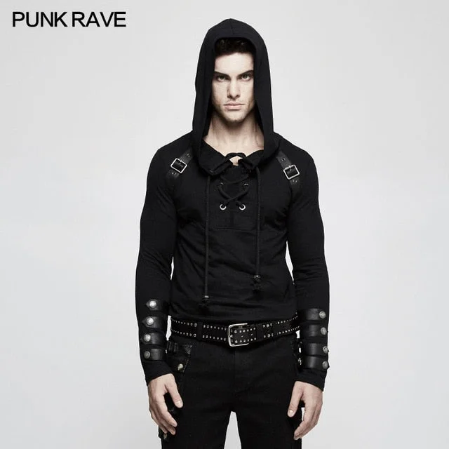 PUNK RAVE Mens Black Steampunk Hooded Tops Shirt Fashion Military Long Sleeve Hip Hop Street Sweater Mens T-shirt