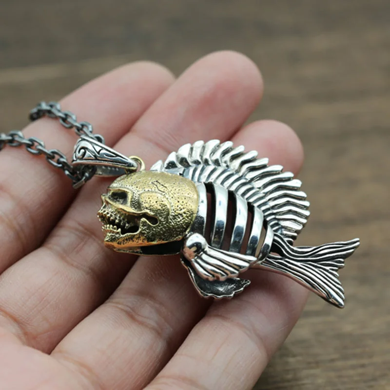 S925 sterling silver exaggerated personality piranha sweater chain men's pendant