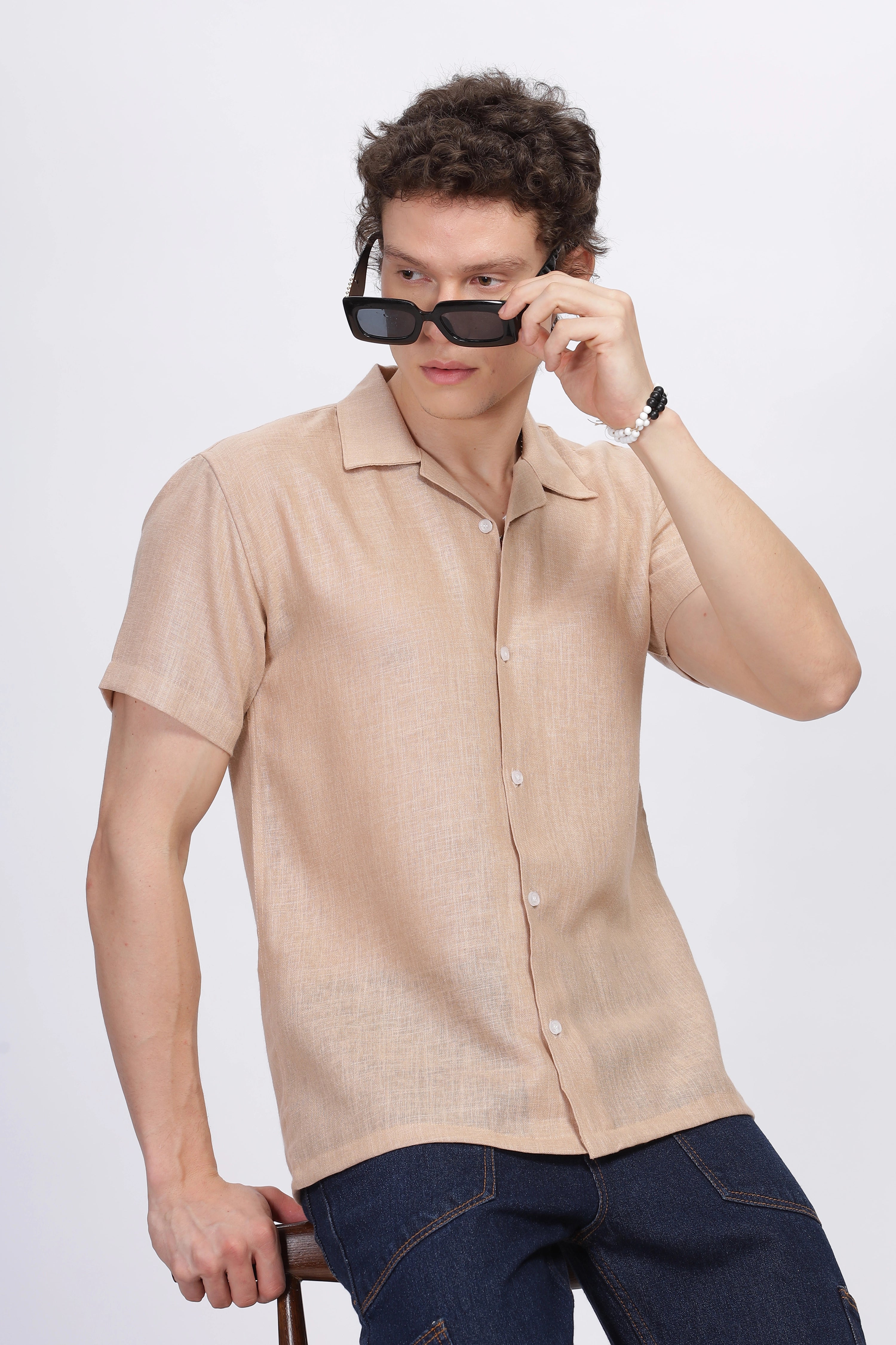 Biege half sleeve linen shirt for men