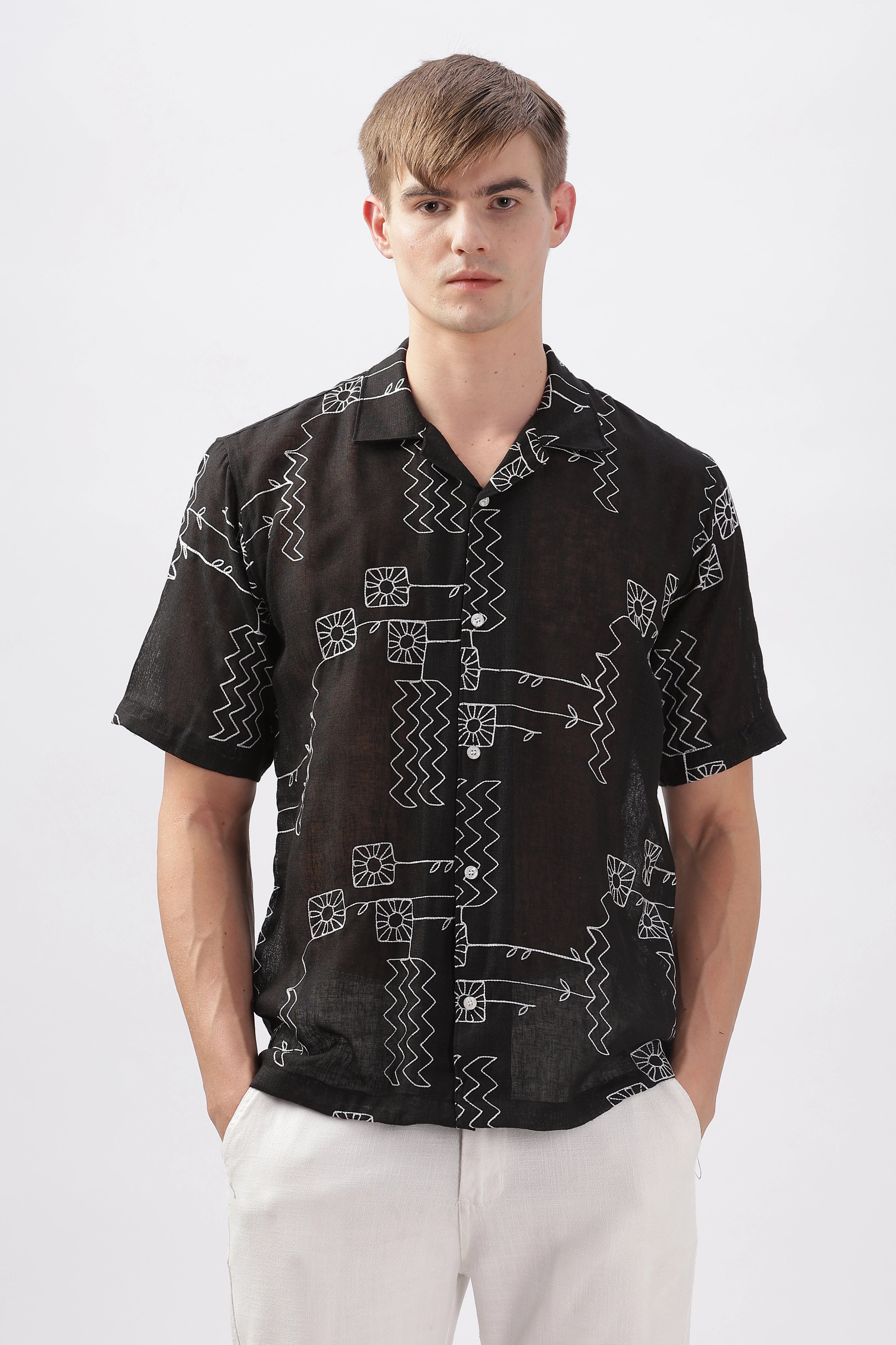 Black abstract linen embroidered half sleeve shirt