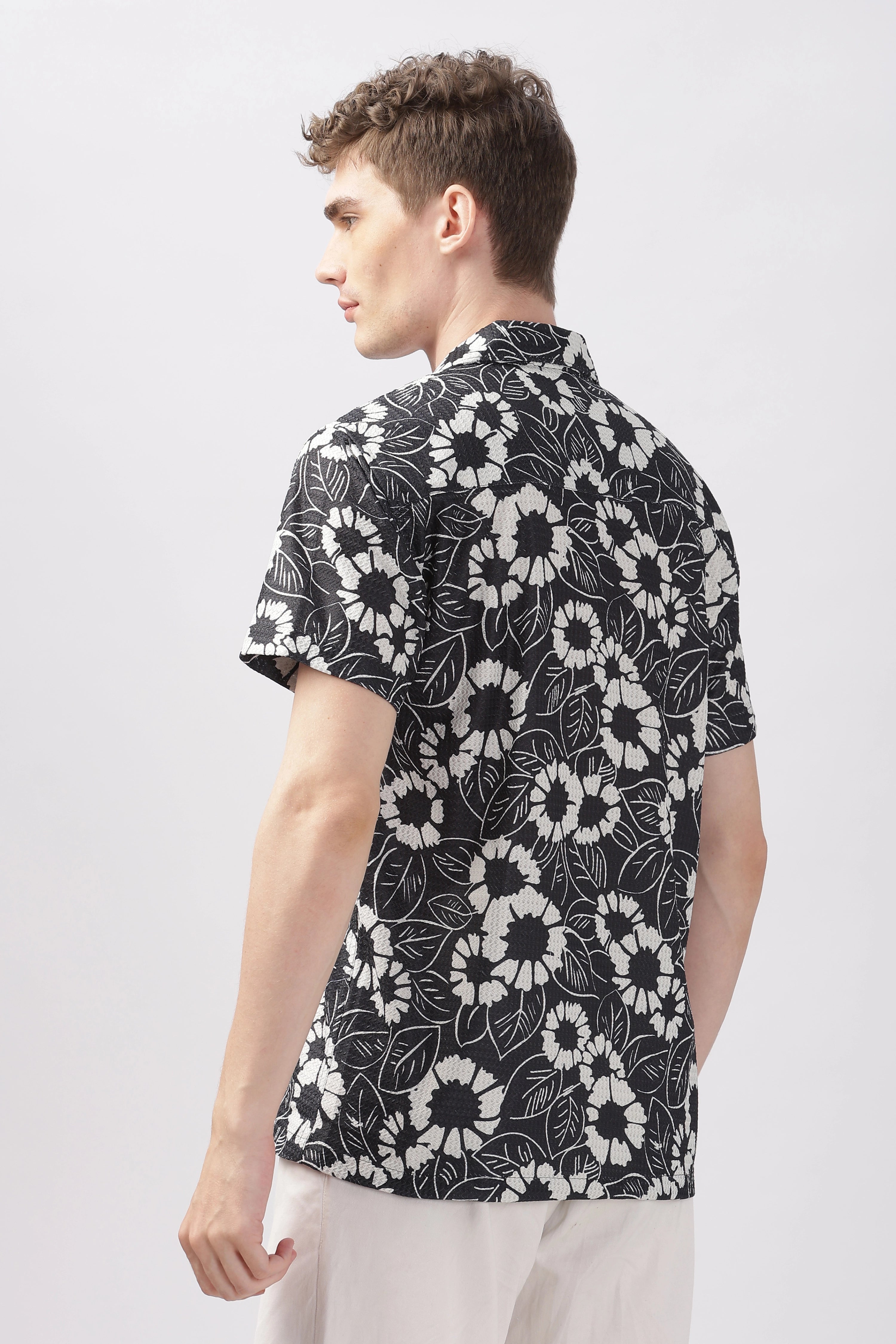 Black flower printed textured shirt