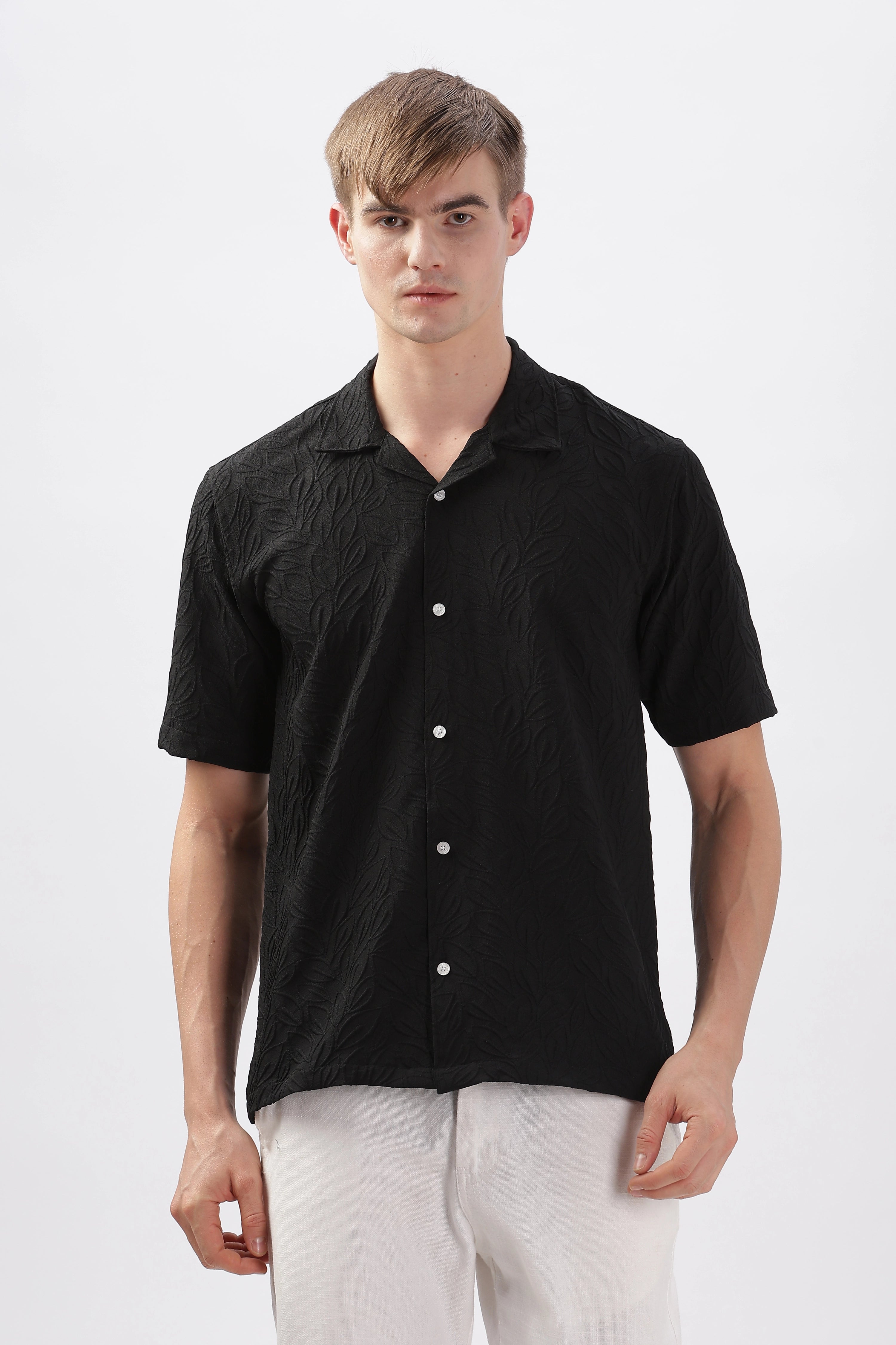 Black jacquard leaf embossed half sleeve shirt