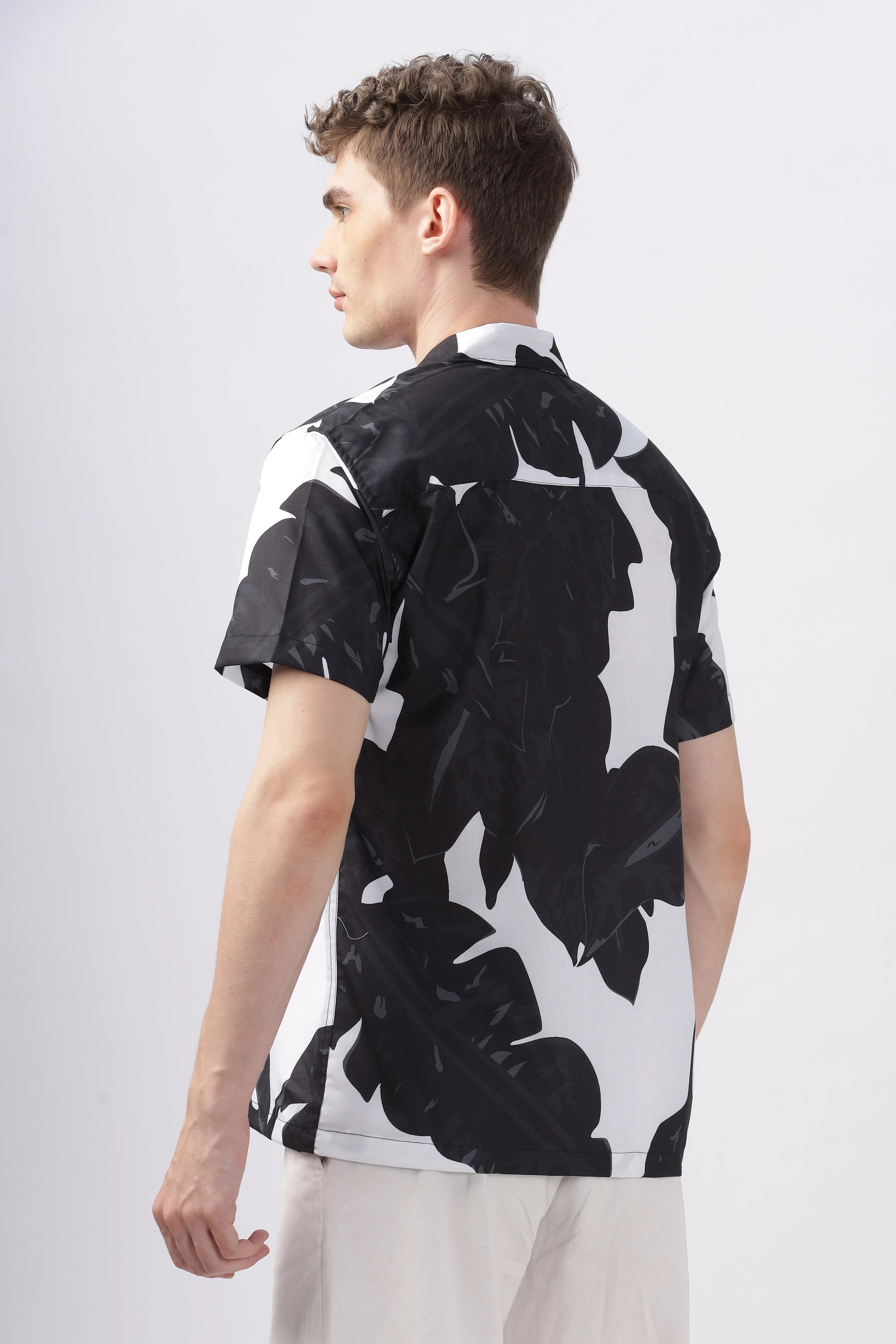 Black leaf printed camp collar shirt for men