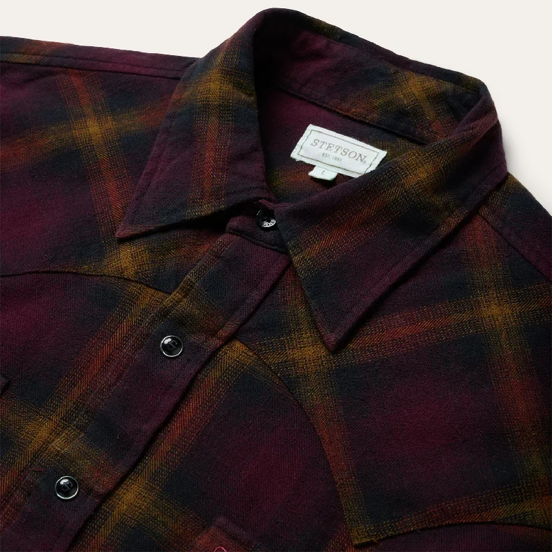 Black Wine Plaid Flannel Western Shirt