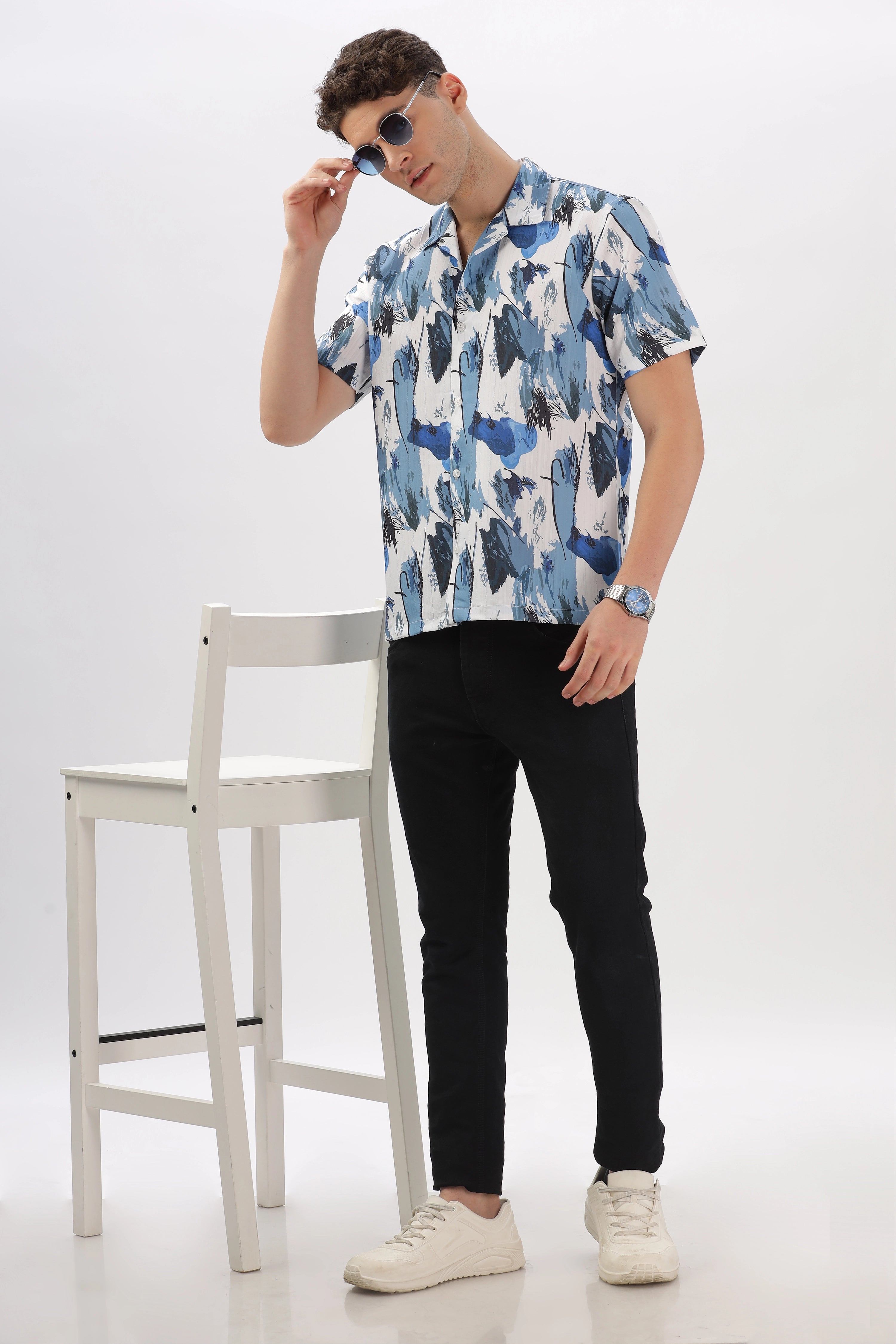 Blue abstract printed popcorn shirt