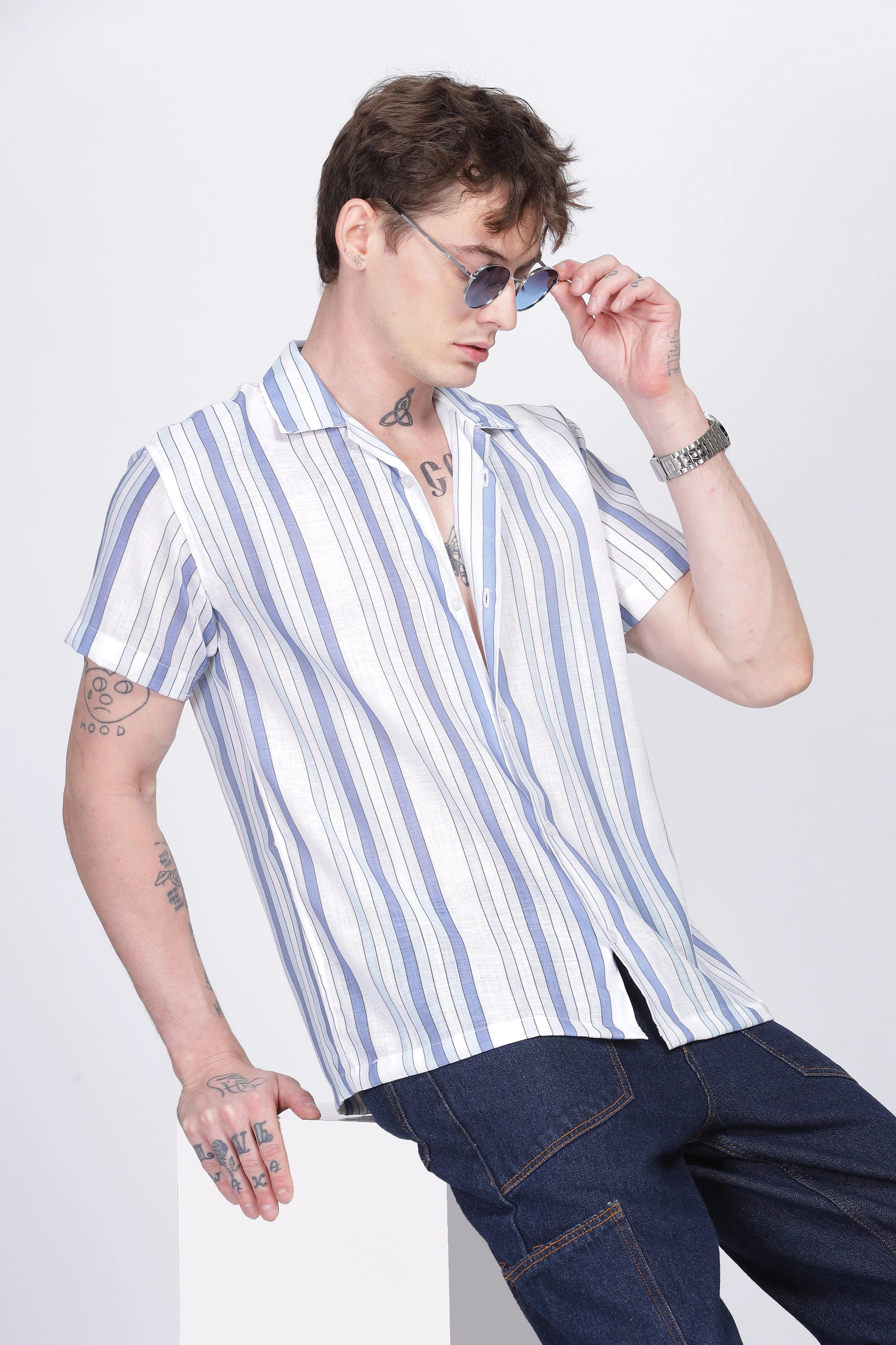 Blue and White stripe printed linen shirt for men