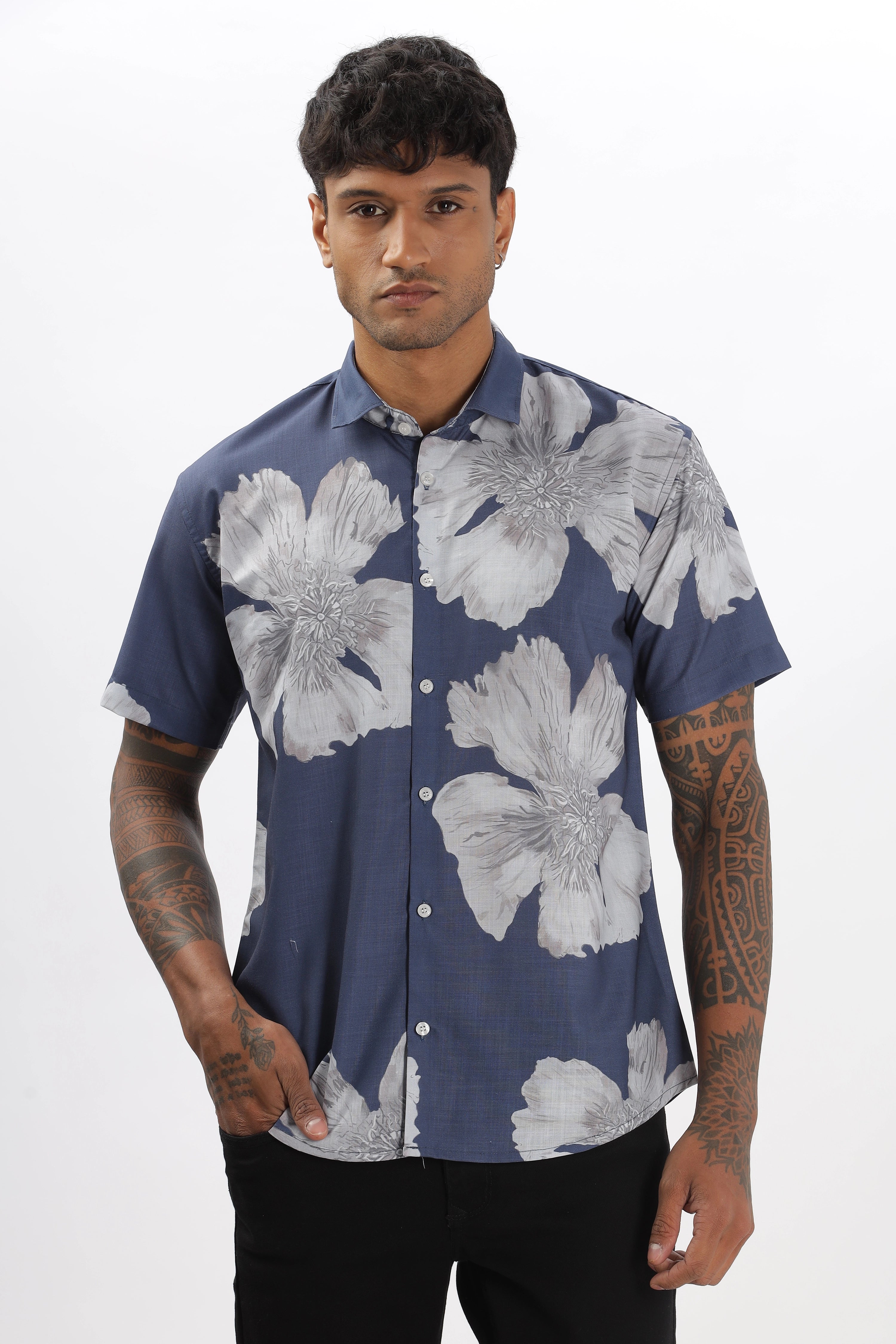 Blue big flower printed shirt