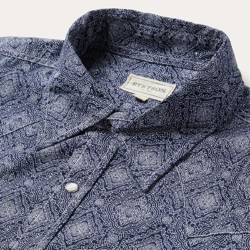 Blue Medallion Print Western Shirt