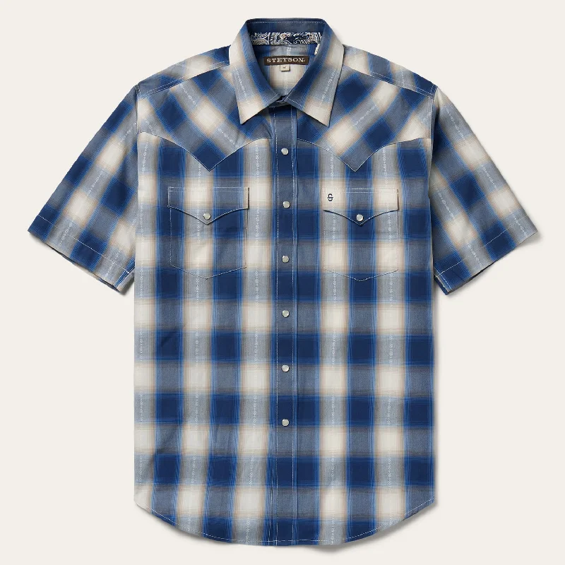 Blue Ombre Plaid Short Sleeve Western Shirt