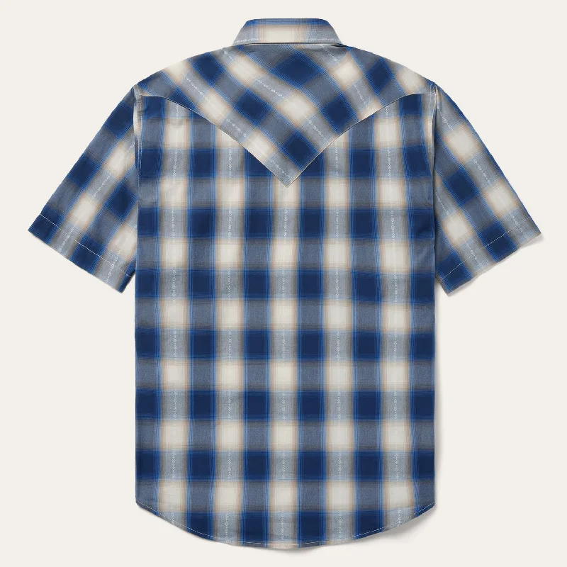 Blue Ombre Plaid Short Sleeve Western Shirt