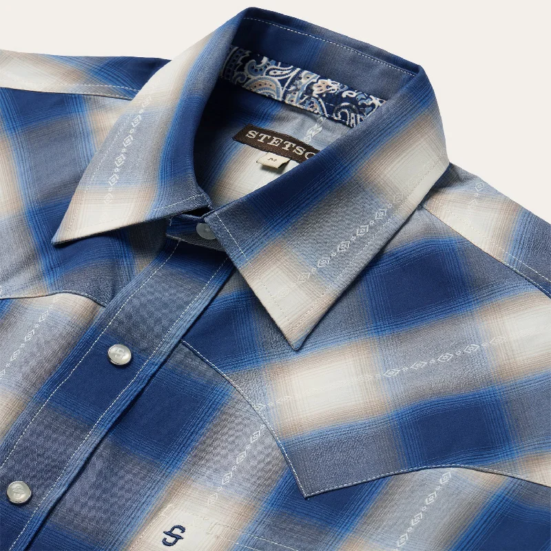 Blue Ombre Plaid Short Sleeve Western Shirt