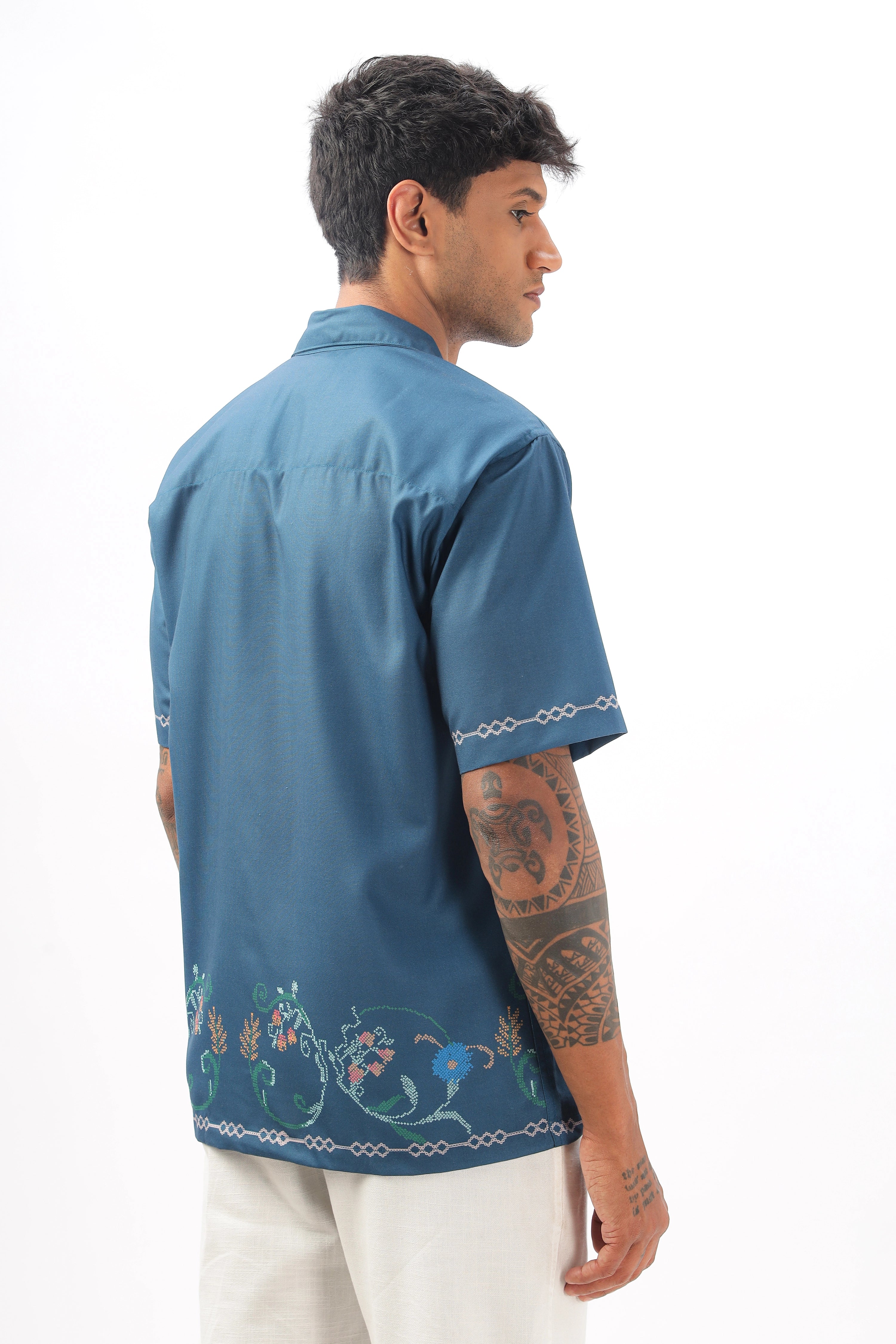 Blue paisley border printed camp collar shirt for men